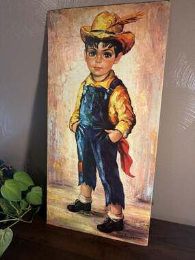 Vintage 1960s Farmer Boy Big Eyes Wall Art Lithograph by Myrle Medeiros